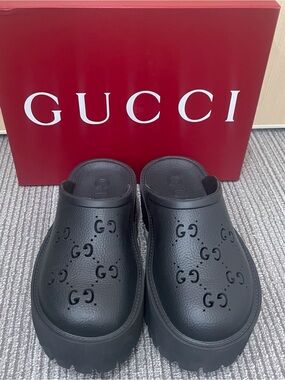 Gucci Black Perforated GG Clog Mules